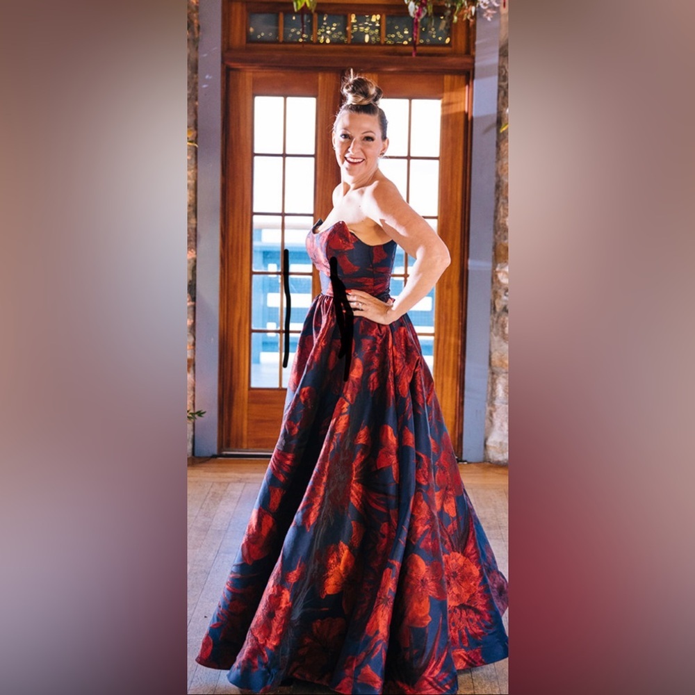 Jovani 03931 Strapless embroidered floor length ball Gown red & navy size 4,6,8
